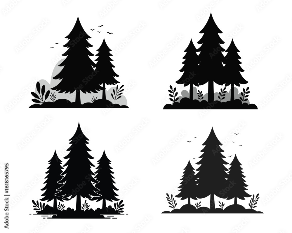 Obraz premium Minimal Forest Landscape with Bushes and Birds in Flat Style Isolated on White Background
