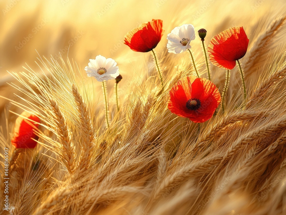 Naklejka premium Poppy flowers in a golden wheat field at sunset