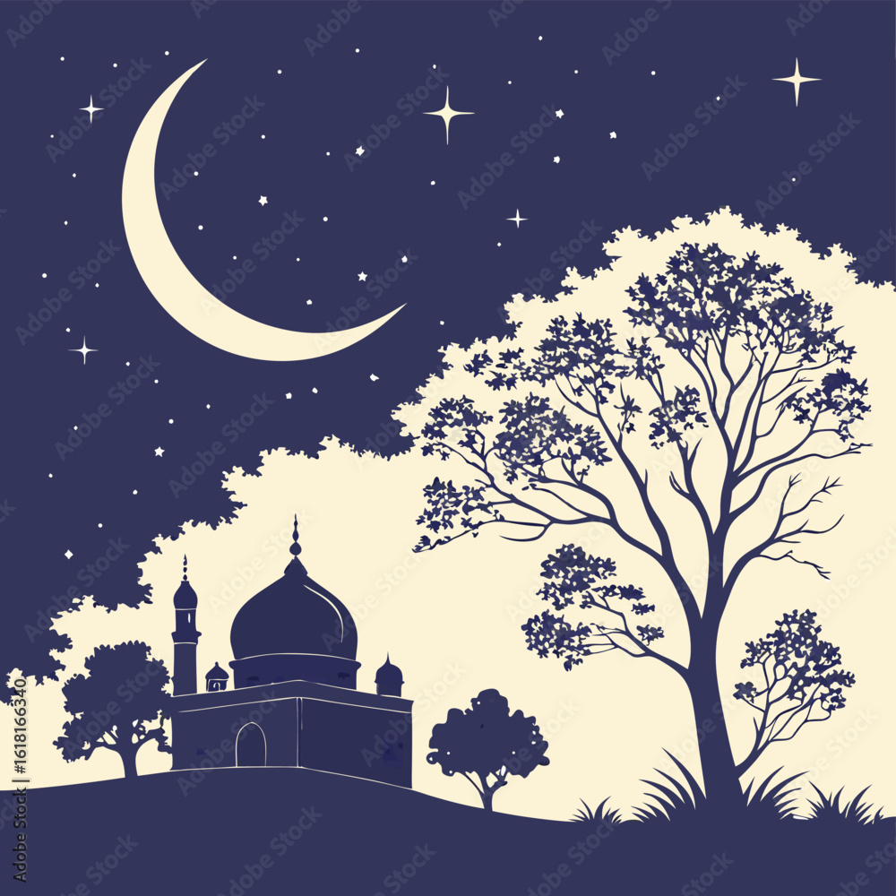 Naklejka premium Silhouette of Mosque with Dome and Minaret at Night Crescent Moon Starry Sky and Tree Landscape Background