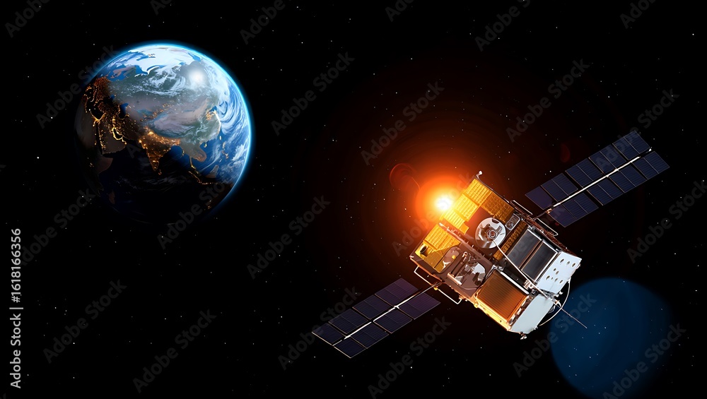 Naklejka premium Satellite orbiting planet Earth against starry backdrop exploring space and providing global communications network showcasing advanced technology and scientific exploration