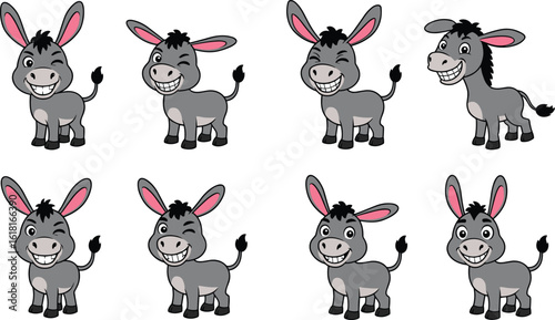 Funny cartoon donkey character set in various expressions, vector animal illustration for kids, perfect for animation, comics, children’s design.