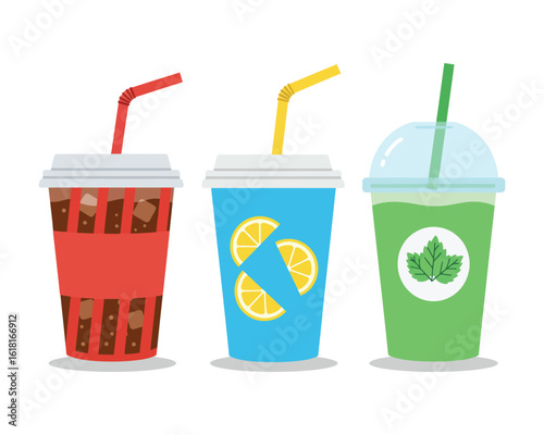 Photo of three different refreshing drinks in plastic cups with straws isolated on white background