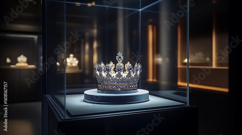 A jeweled crown displayed in a glass case