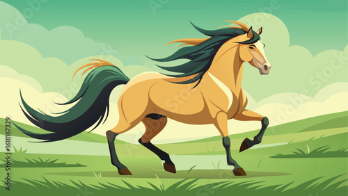 Majestic golden horse galloping through a lush green meadow