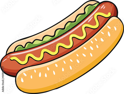 Cartoon hotdog in a bun, topped with mustard and relish, isolated on white.