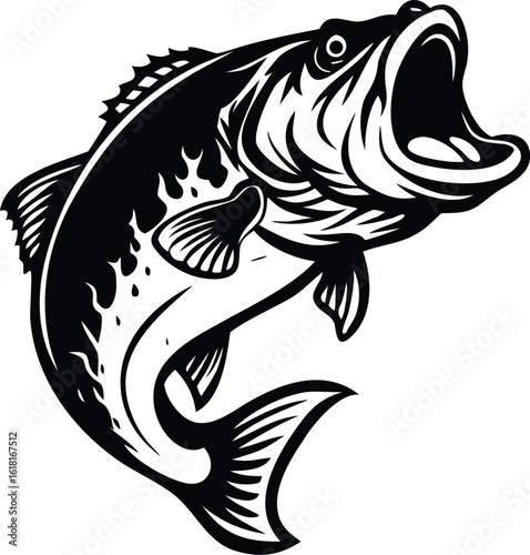 Black and White Illustration of a Jumping Largemouth Bass with its Mouth Open Wide