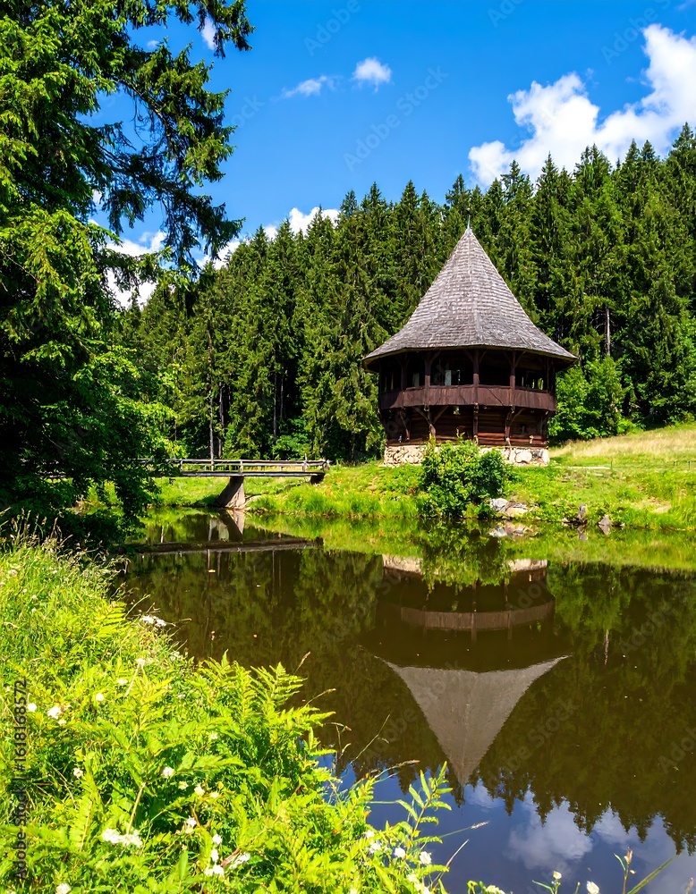 Obraz premium Wooden gazebo by tranquil lake in forest