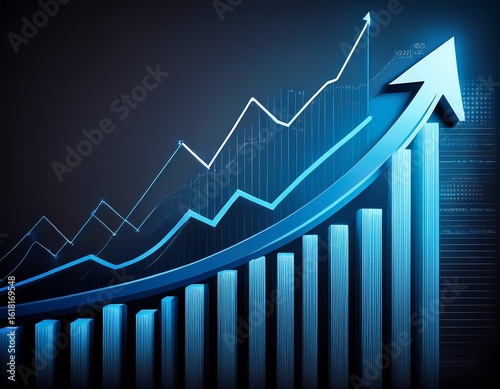 blue bar graph with upward trending arrow and line chart on dark background
