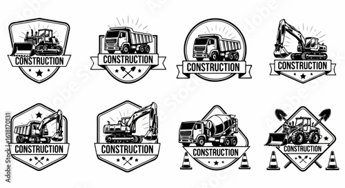 Monochrome Construction Logos Featuring Various Heavy Machinery and Equipment Designs.