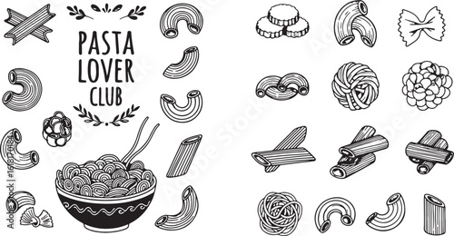 Assorted pasta shapes and bowl of noodles macaroni, pasta, noodles, macaroni, penne, farfalle, fusilli, rigatoni, spaghetti, food, italian food, cuisine, cooking, meal, dinner, lunch, ingredients, var