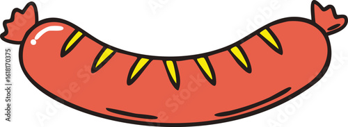 A single, curved, red sausage with yellow grill marks, shown in cartoon style.