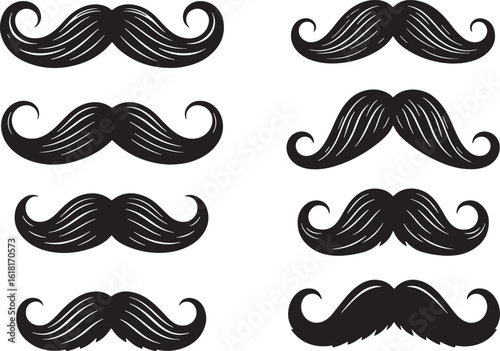 Black curly mustaches with wavy strands facial hair, mustache, facial hair, black, white, curly, wavy, vintage, retro, style, fashion, graphic, illustration, design, elements, icons, symbols, men, gro
