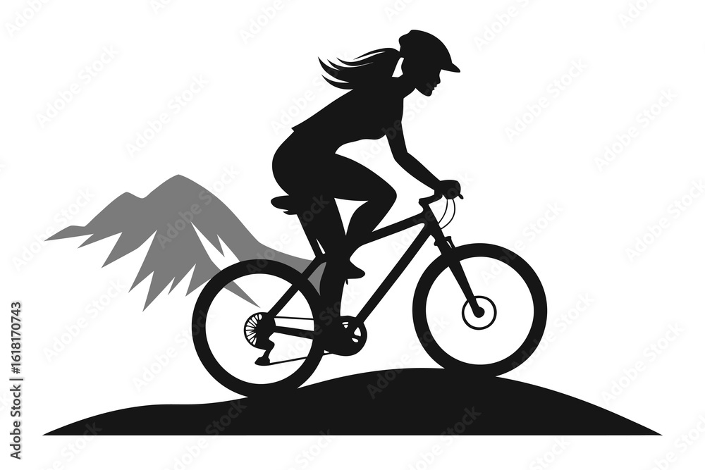 Obraz premium Black and White Silhouette of a Woman Riding a Mountain Bike with Mountains