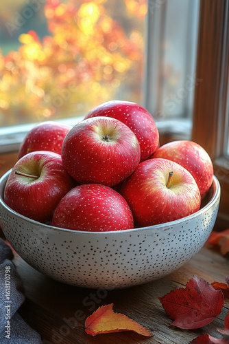 Apples in a bowl on a table.