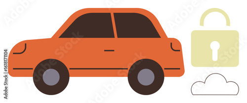 Orange car next to a cloud and lock, representing secure cloud storage, vehicle safety, digital privacy, or smart car systems. Ideal for security, data, automotive, technology mobility