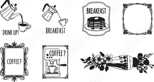 Coffee pouring pancakes and floral vase breakfast, coffee, pouring, cup, pot, breakfast, pancakes, floral, vase, flowers, leaves, black and white, illustration, drawing, graphic, design, beverage, dri