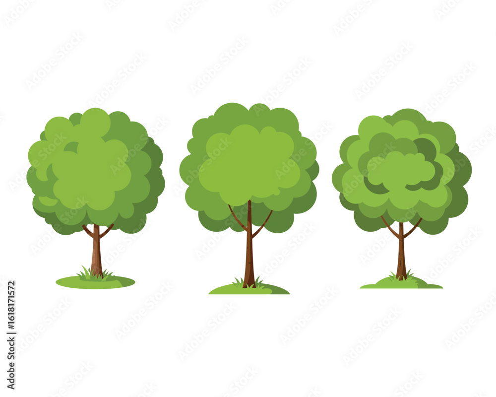 Fototapeta premium Set of Three Lush Summer Trees with Grass Base on White Background for Nature or Design Use