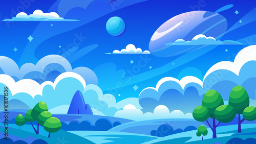Whimsical blue planet landscape with saturn like ringed planet