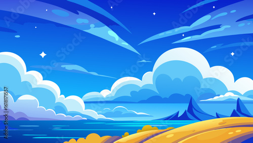 Vibrant cartoon landscape with blue sky clouds ocean and golden hills