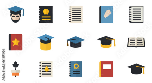 Set of graduation cap and diploma icons representing education, achievement, and academic success