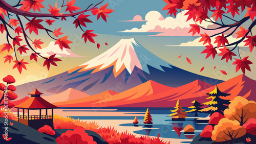 Mount fuji and japanese autumn scenery with red maple leaves