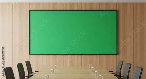 Modern corporate boardroom interior with a large green screen on a wood-paneled wall for presentation mockup.