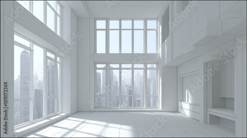 Modern Interior Business Space with Panoramic City View, Sleek Architectural Design, Bright White Office Decor, Ideal for Corporate Poster and Commercial Design Concepts