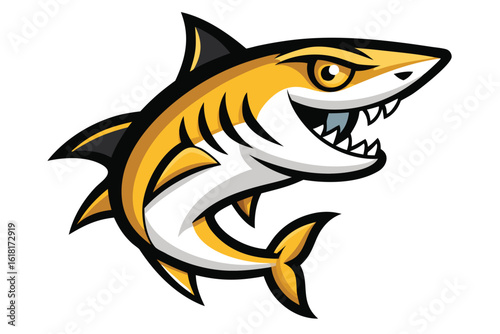 Cartoon Angry Shark with Open Mouth Showing Sharp Teeth, Golden Yellow and White