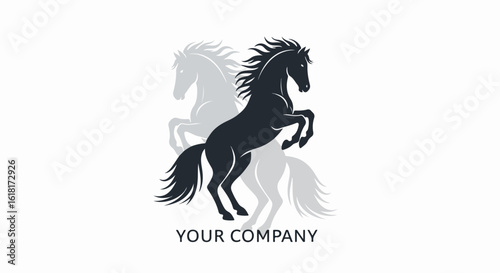 Dynamic Silhouette of a Rearing Black Horse with Fading Grey Horse Companions.