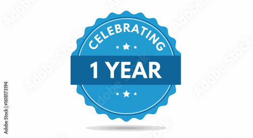 Blue Celebrating 1 Year Badge with Stars and Scalloped Edge.