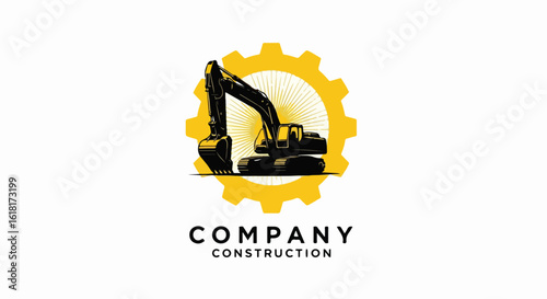 Black and Yellow Excavator Logo with Gear and Sunburst Design.