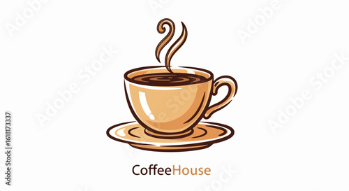 Steaming Cup of Coffee with Swirling Aroma on Saucer.