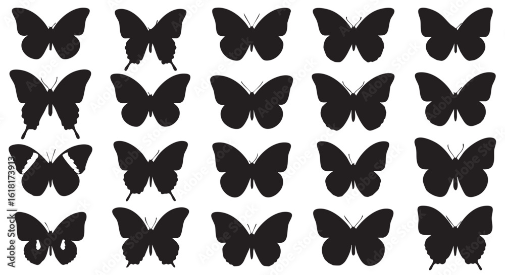 Obraz premium Butterfly Silhouette Collection Minimalist Vector Design Different Shapes and Wing Patterns for Creative Projects Beautiful Insect Graphics