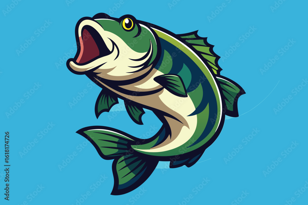 Obraz premium CartoonStyle Largemouth Bass Fish Leaping Upward with Open Mouth Against a Blue Background