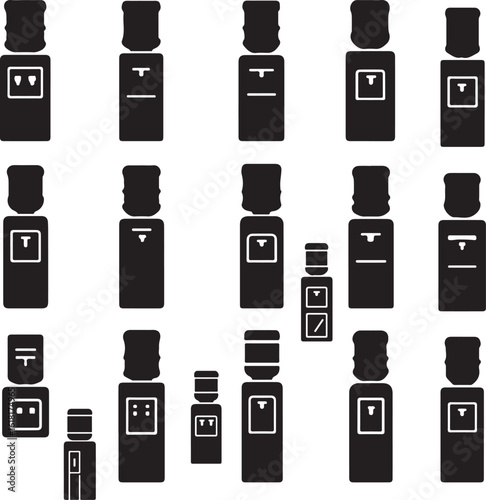 20 black silhouette icons of different styles of water coolers, ideal for commercial, office, and appliance-related graphic design projects.
