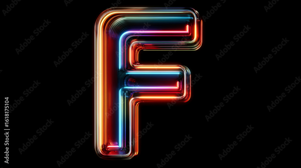 Colorful illuminated F character with intense neon tube glow and reflections Colorful illuminated F character with intense neon tube glow and reflections