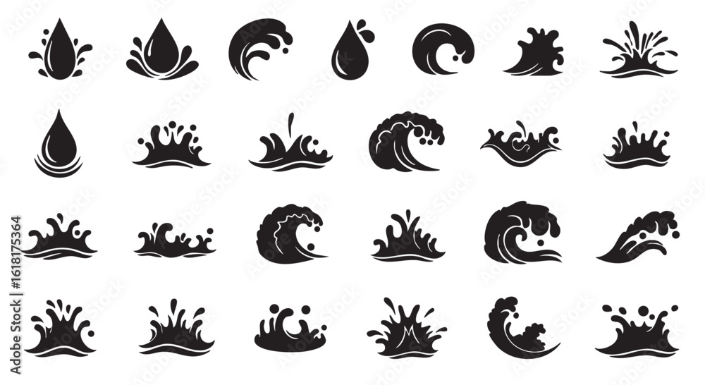 Obraz premium Collection of Water Drops and Waves in Black and White Vector Graphic Design Elements for Natural Concepts