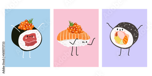 Asian food modern poster set in cartoon kawaii style. Flat cute sushi characters with rice, salmon, tuna, tiger prawn, caviar, fish, avocado and seaweed. Vector illustration
