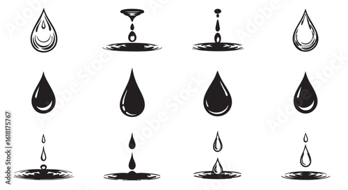 Set of various black water drop illustrations on a white background conveying ideas of cleanliness and conservation efforts