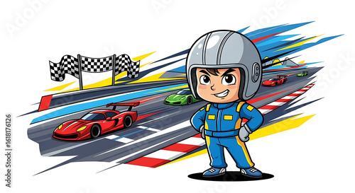 A confident cartoon race car driver in a blue suit poses in front of a vibrant racetrack with cars.