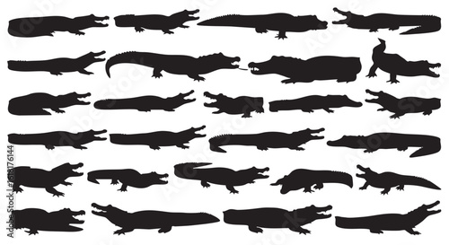 Silhouetted Alligator and Crocodile Collection in Various Poses Wildlife Reptiles and Predatory Nature Isolated on White Background