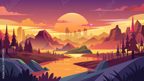 Vibrant sunset over a mountainous landscape with a city skyline