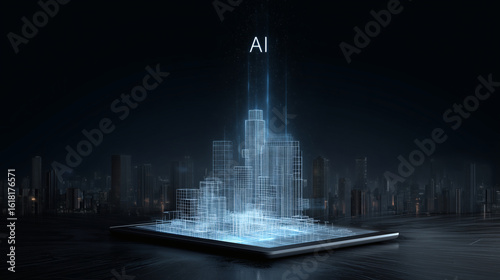 Fototapeta Naklejka Na Ścianę i Meble -  A tablet computer on a dark desk displays a glowing, 3D wireframe blueprint of a futuristic city block. The letters 'AI' act as a clean, simple title for the holographic blueprint.