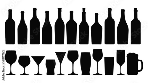 A black and white silhouette illustration of various wine bottles and drinking glasses arranged in two horizontal rows. 