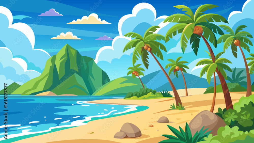 Fototapeta premium Tropical island paradise with palm trees and mountains