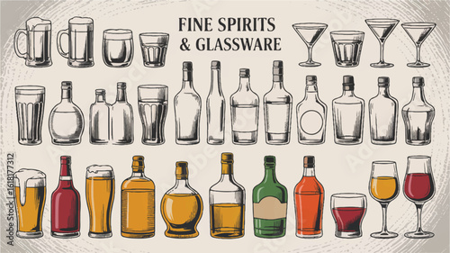 A detailed illustration of various glassware and liquor bottles arranged in three rows.