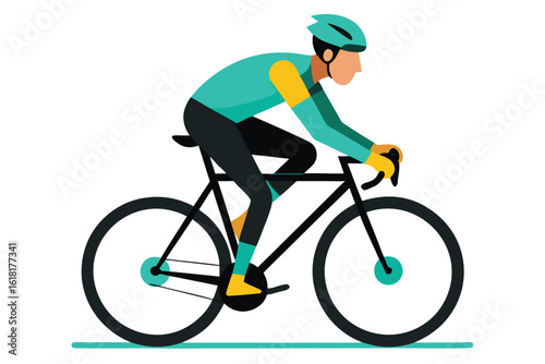 Illustrated Cyclist in Teal Jersey and Black Lycra Riding a Black Road Bike
