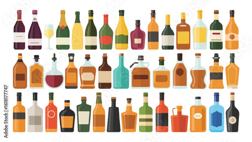 A flat, minimalist illustration of 40 different liquor bottles arranged in three rows against a white background. 