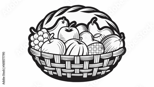 Illustration of a basket filled with various fruits including apples pears grapes and other assorted fruits present