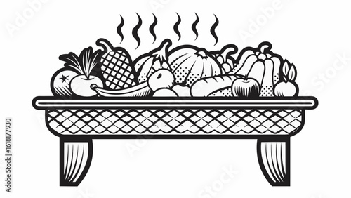 A bountiful harvest of fruits and vegetables displayed on a woven table with rising steam effect above the food
